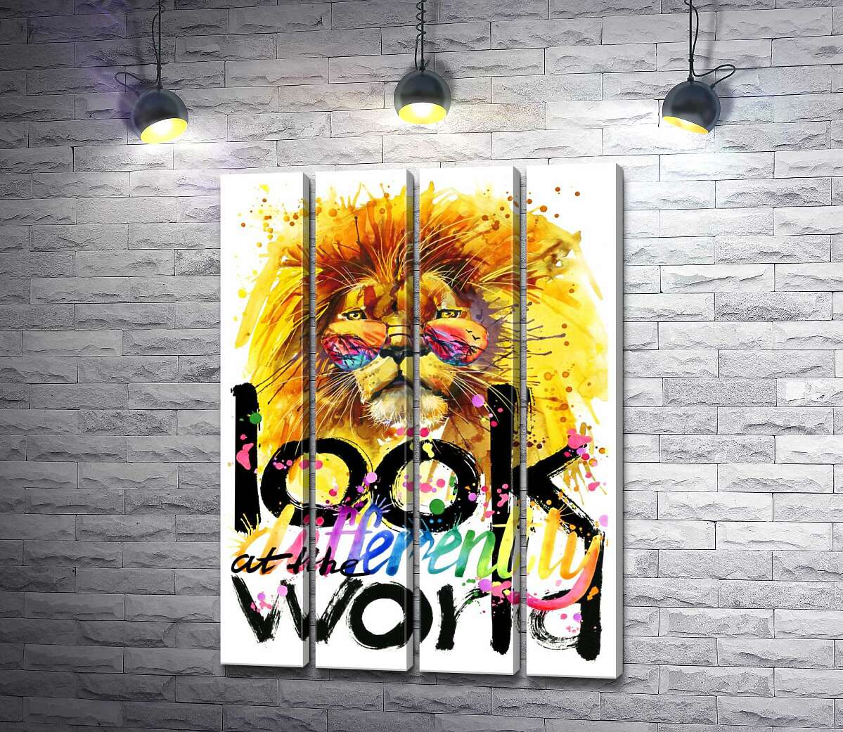 модульная картина Тропический лев с фразой "look at the world differently" (Модуль №24)