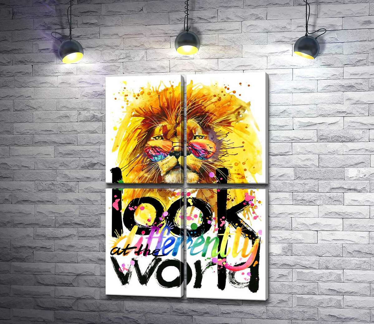 модульная картина Тропический лев с фразой "look at the world differently" (Модуль №25)
