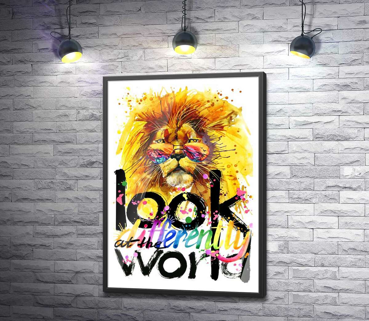 постер Тропічний лев з фразою "look at the world differently"