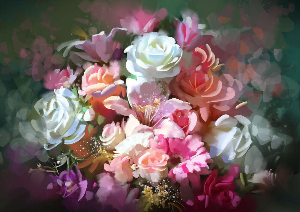 картина-постер Размытые очертания букета роз и лилий