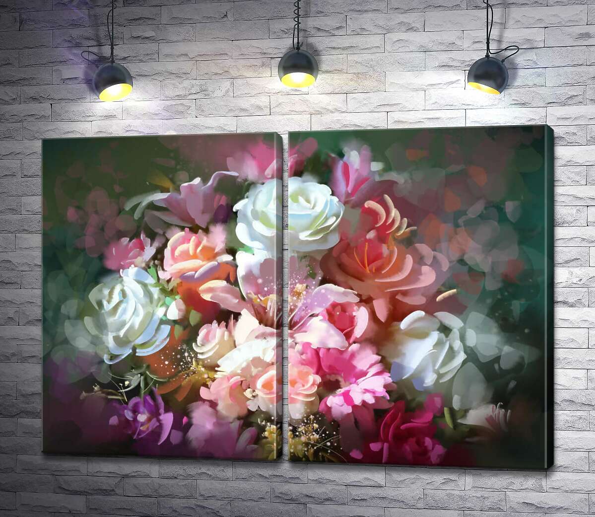 модульная картина Размытые очертания букета роз и лилий