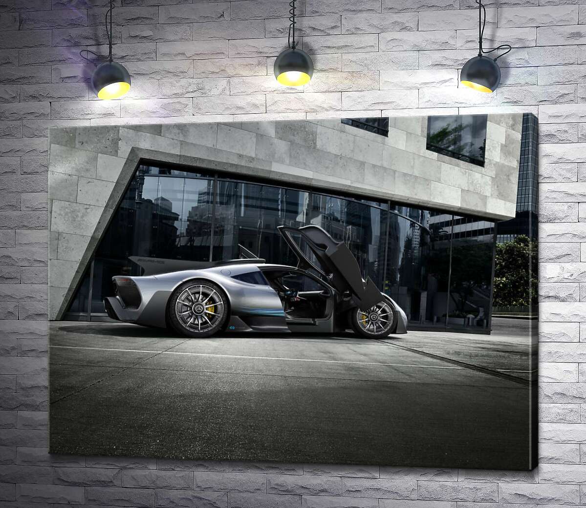 картина Крылья-двери в сером гиперкаре Mercedes-AMG Project One