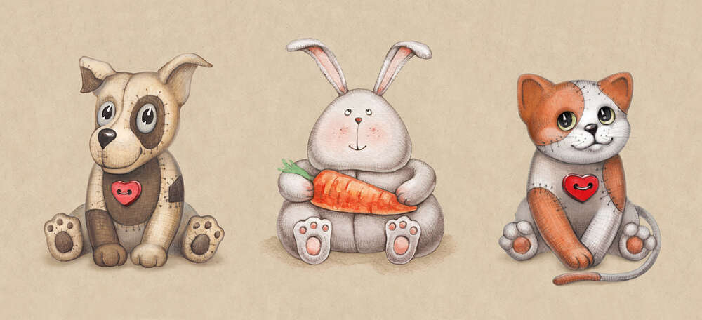 картина-постер Іграшкове тріо: плямисті собака, котик та зайчик зі морквиною по центру