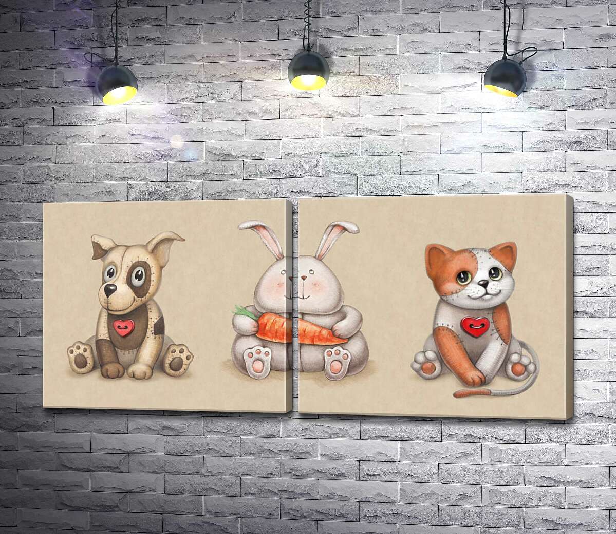 модульна картина Іграшкове тріо: плямисті собака, котик та зайчик зі морквиною по центру