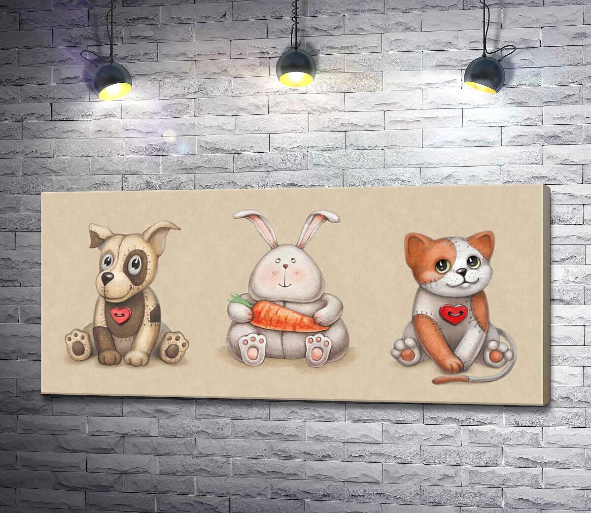 картина Игрушечное трио: пятнистая собака, котик и зайчик с морковкой по центру
