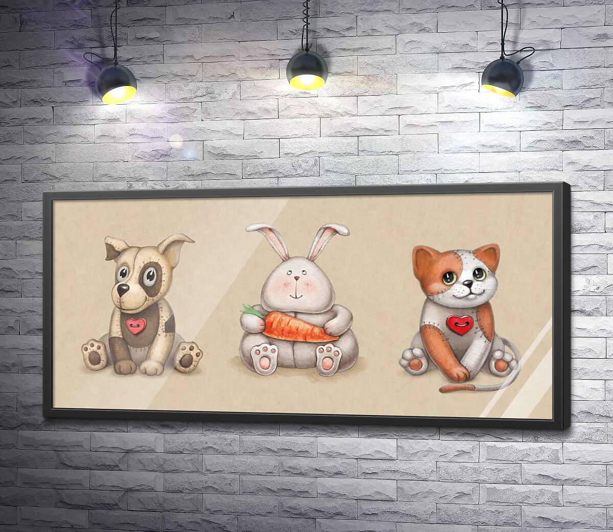 постер Игрушечное трио: пятнистая собака, котик и зайчик с морковкой по центру