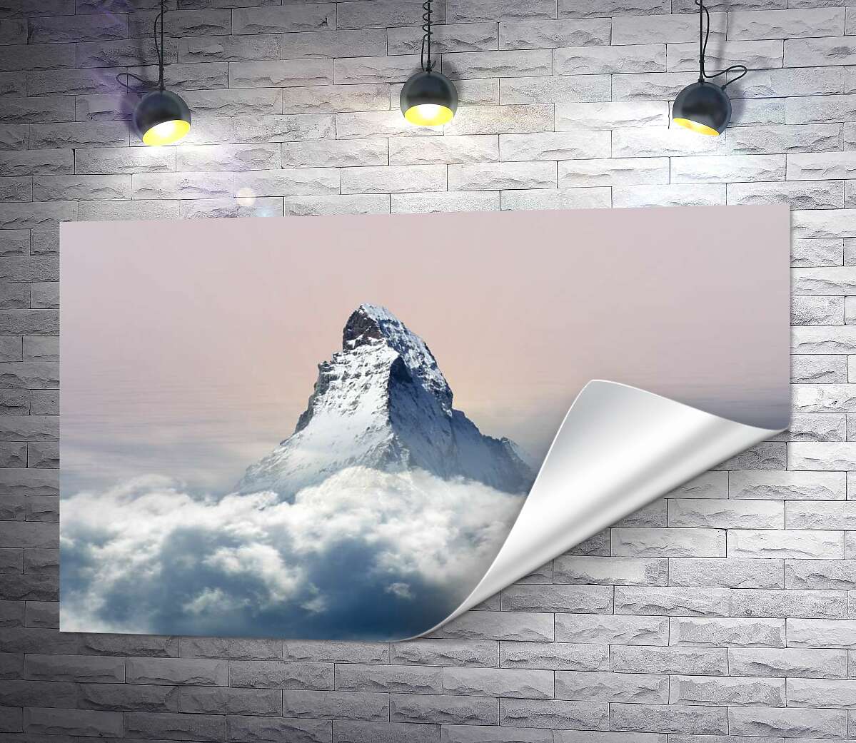 печать Скалистый пик горы Маттерхорн (Matterhorn) окружен пушистым слоем облаков