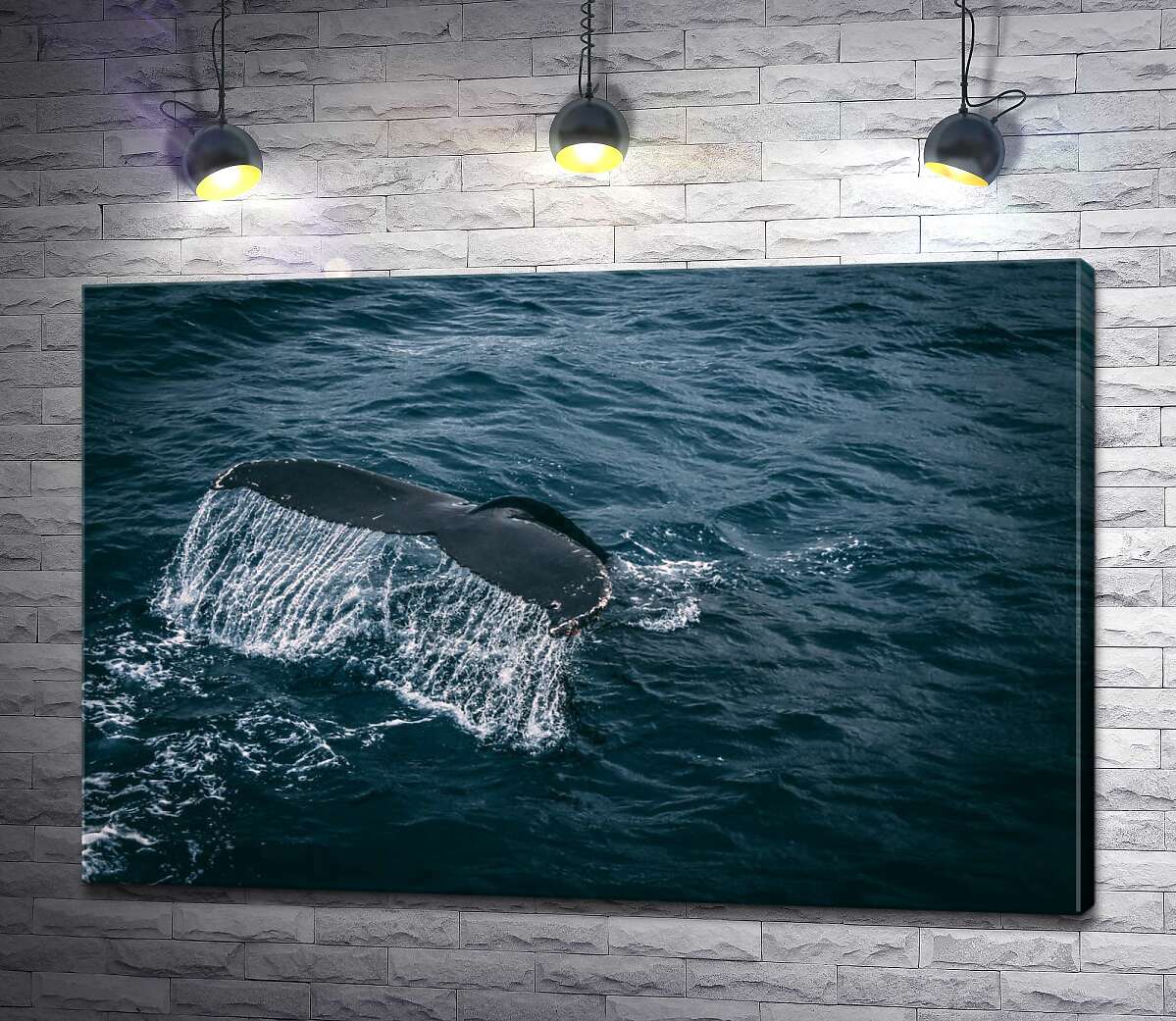 картина Белые струи воды стекают с хвоста кита