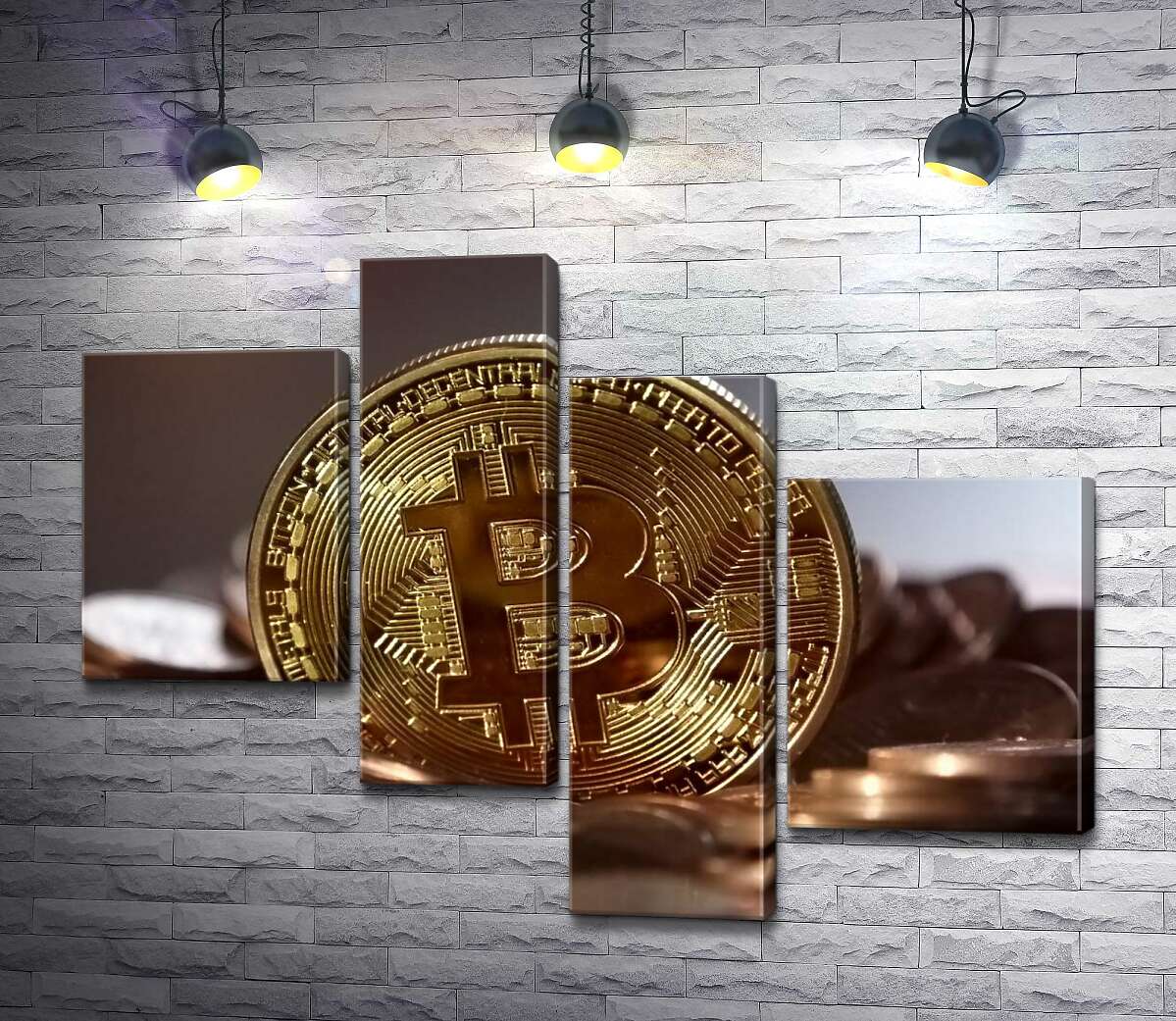 модульная картина Сложный лабиринт узор на монете биткоина (Модуль №21)