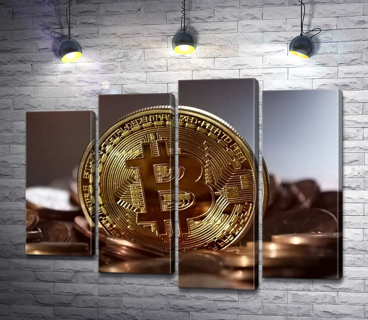 модульная картина Сложный лабиринт узор на монете биткоина (Модуль №3)