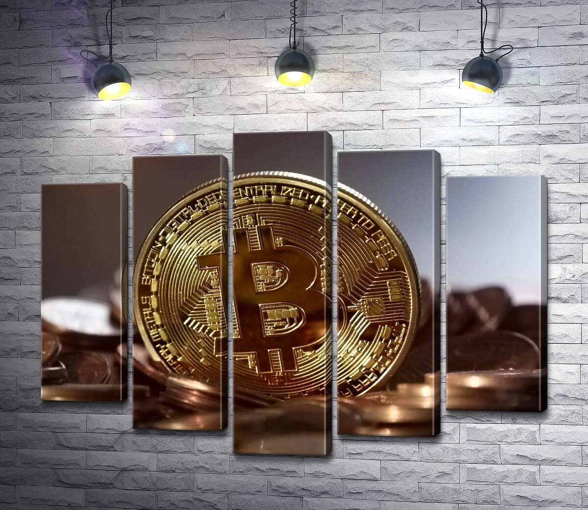 модульная картина Сложный лабиринт узор на монете биткоина (Модуль №4)