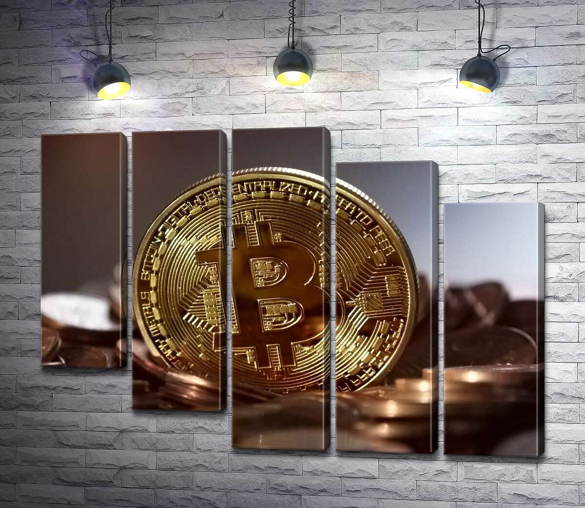 модульная картина Сложный лабиринт узор на монете биткоина (Модуль №28)