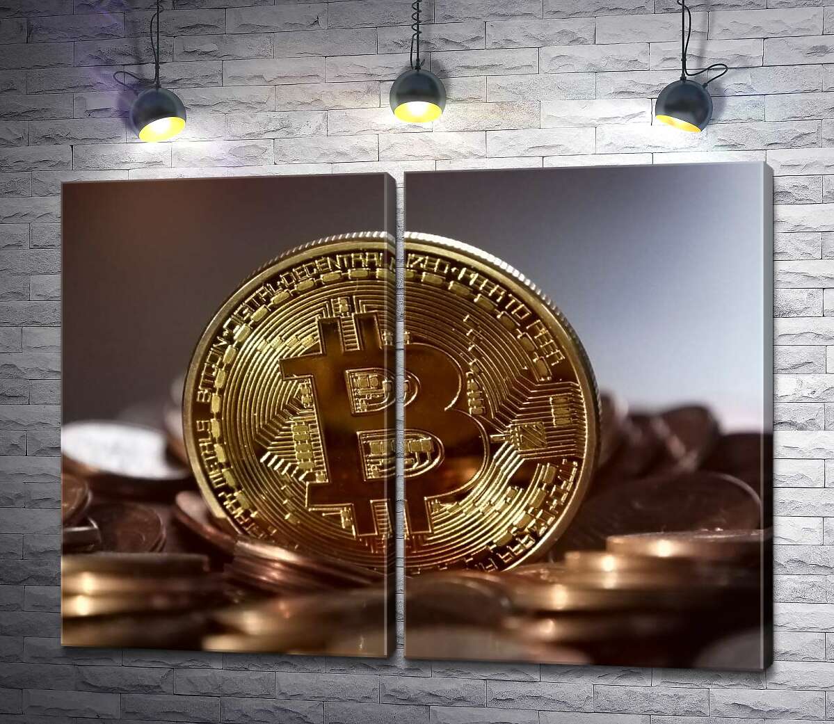 модульная картина Сложный лабиринт узор на монете биткоина (Модуль №6)