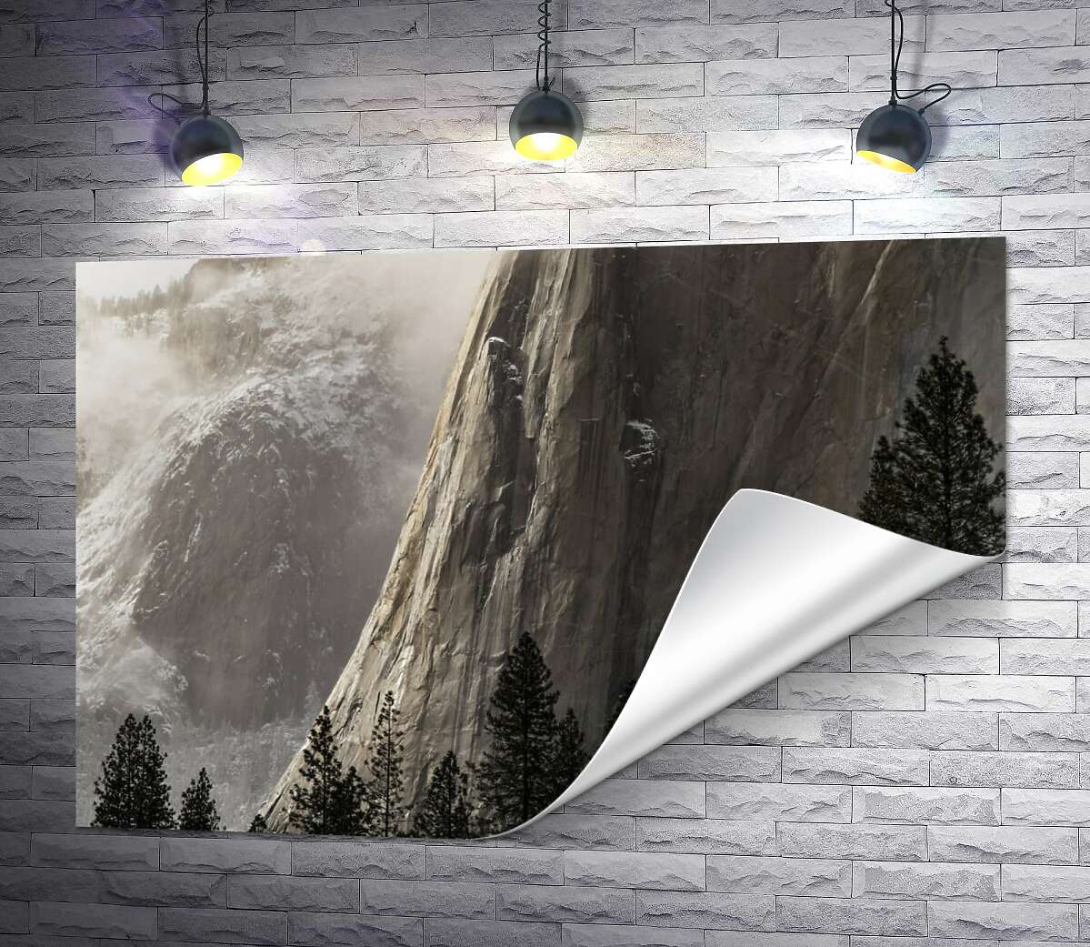 печать Отвесная скала Эль Капитан (El Capitan) стоит перед стройными соснами