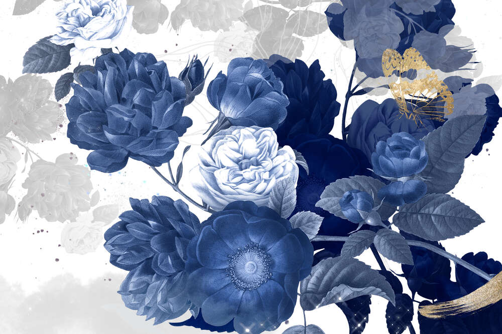 картина-постер Синие цветы винтажного рисунка шиповника