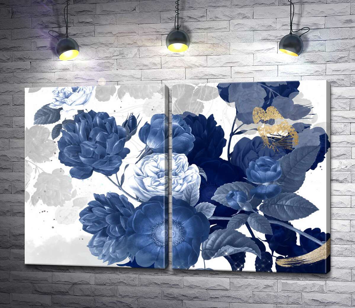 модульная картина Синие цветы винтажного рисунка шиповника