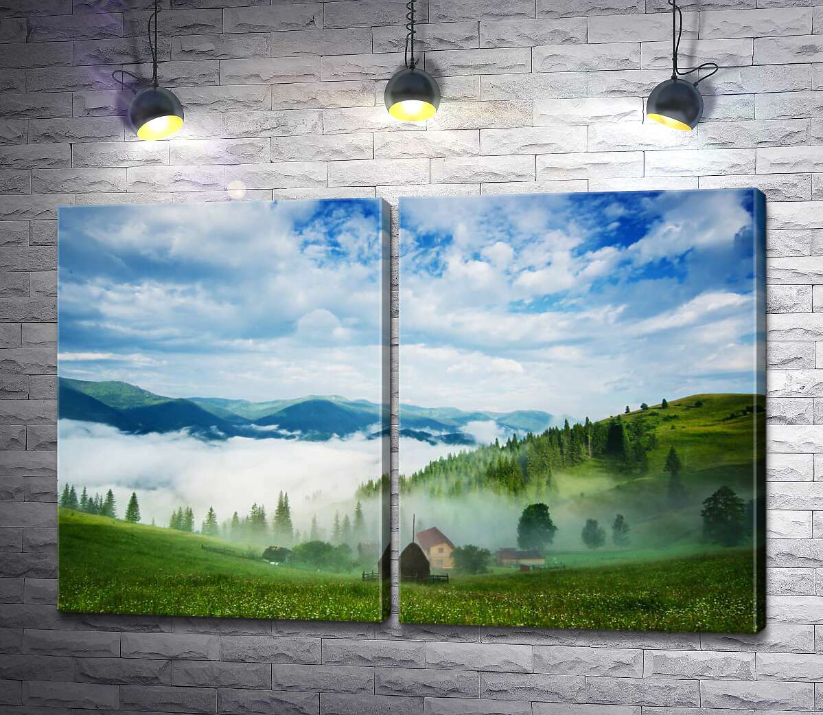 модульная картина Маленькое поселение в горной долине покрыто белым туманом