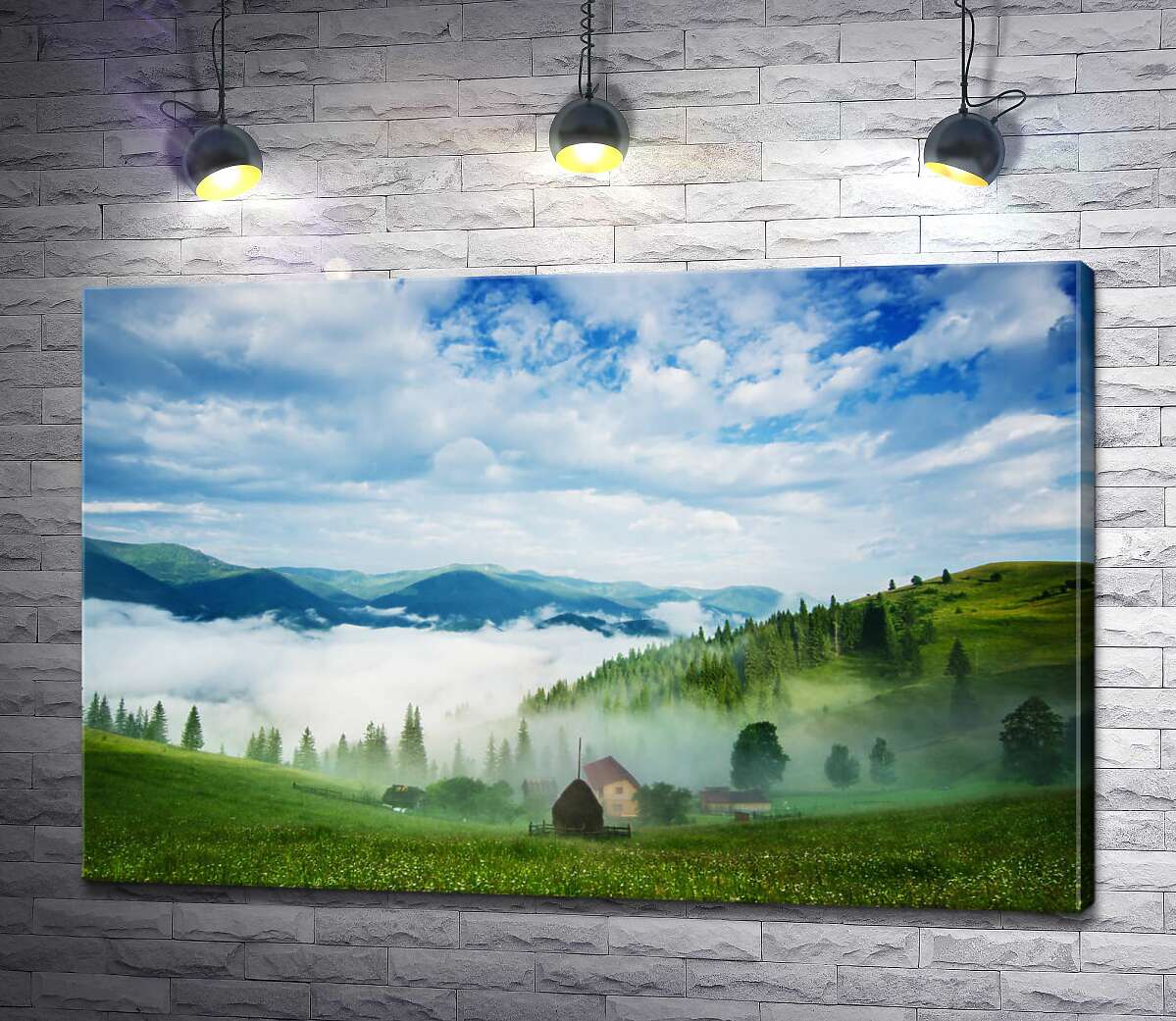 картина Маленькое поселение в горной долине покрыто белым туманом