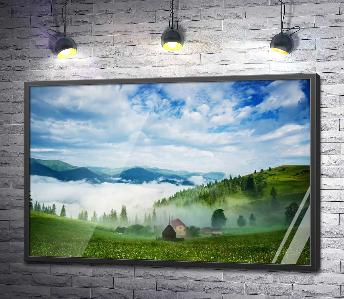 постер Маленькое поселение в горной долине покрыто белым туманом