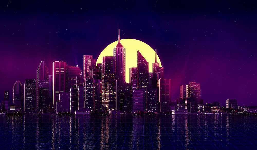 картина-постер Круг желтой луны восходит над фиолетовыми небоскребами
