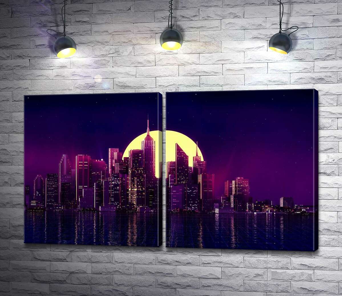 модульная картина Круг желтой луны восходит над фиолетовыми небоскребами