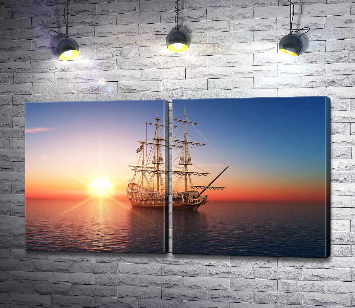 модульна картина Прозорі візерунки щогол парусного корабля освітлені ранковим сонцем