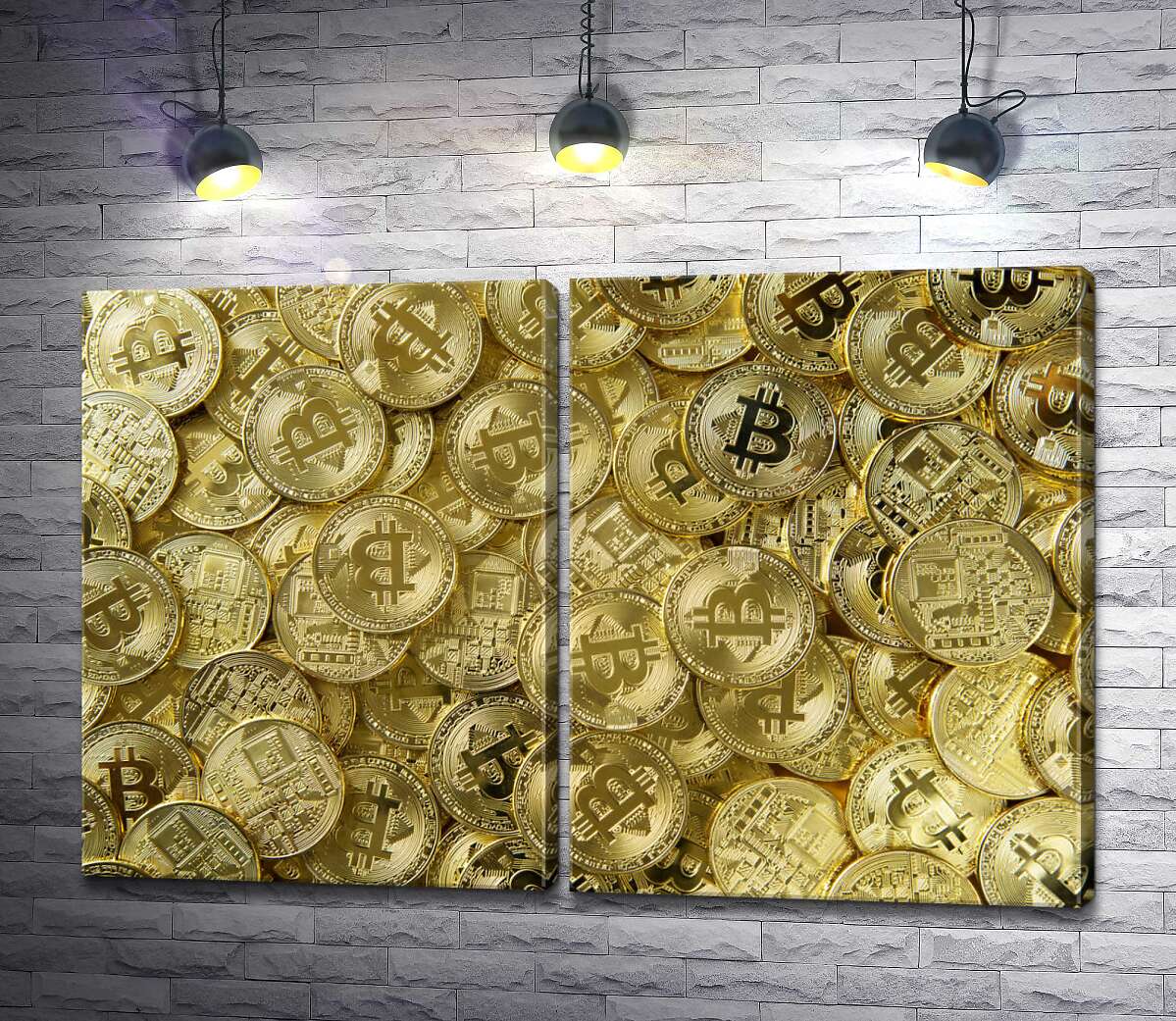 модульная картина Монеты биткоинов сверкают золотом