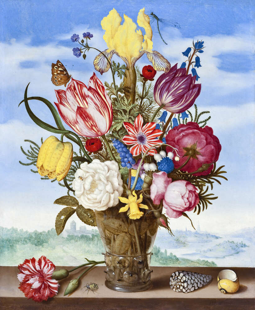 картина-постер Букет квітів на виступі (Bouquet of Flowers on a Ledge) - Амброзіус Босгарт Старший (Ambrosius Bosschaert the Elder)