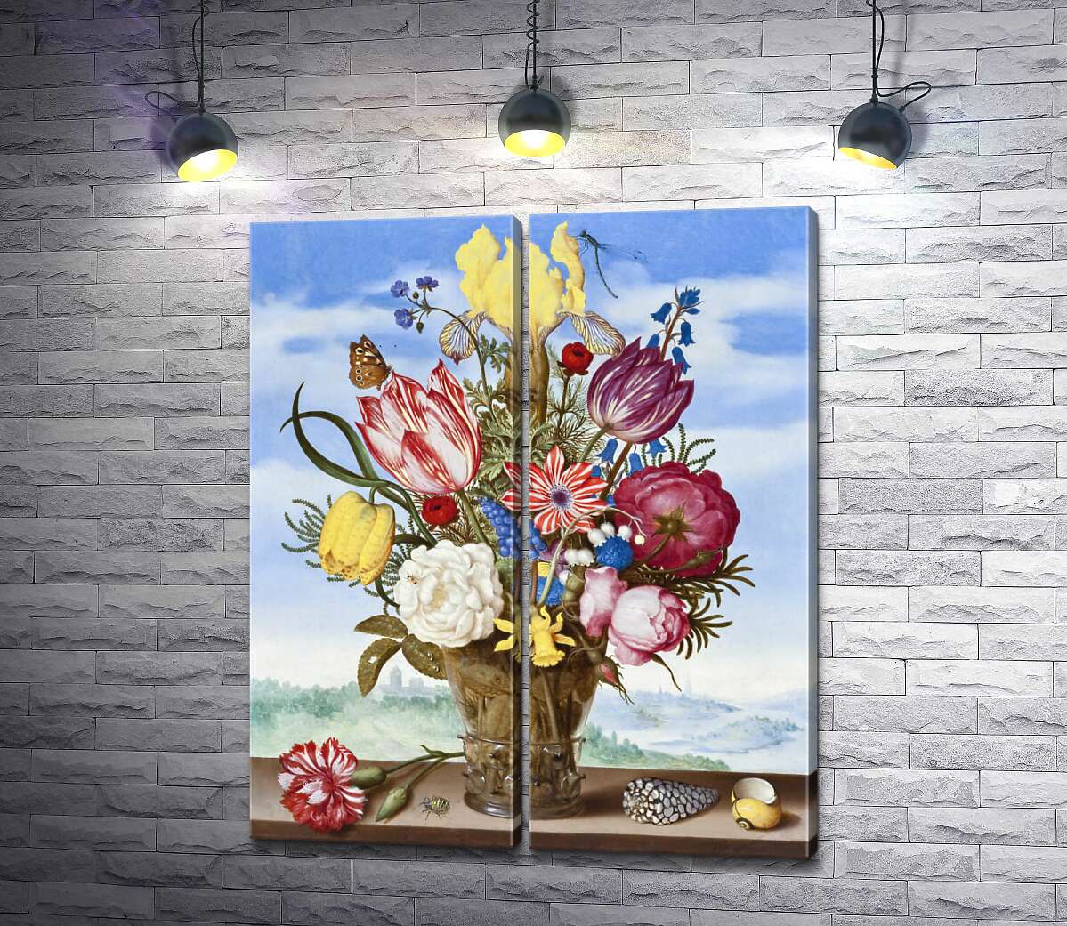 модульна картина Букет квітів на виступі (Bouquet of Flowers on a Ledge) - Амброзіус Босгарт Старший (Ambrosius Bosschaert the Elder)