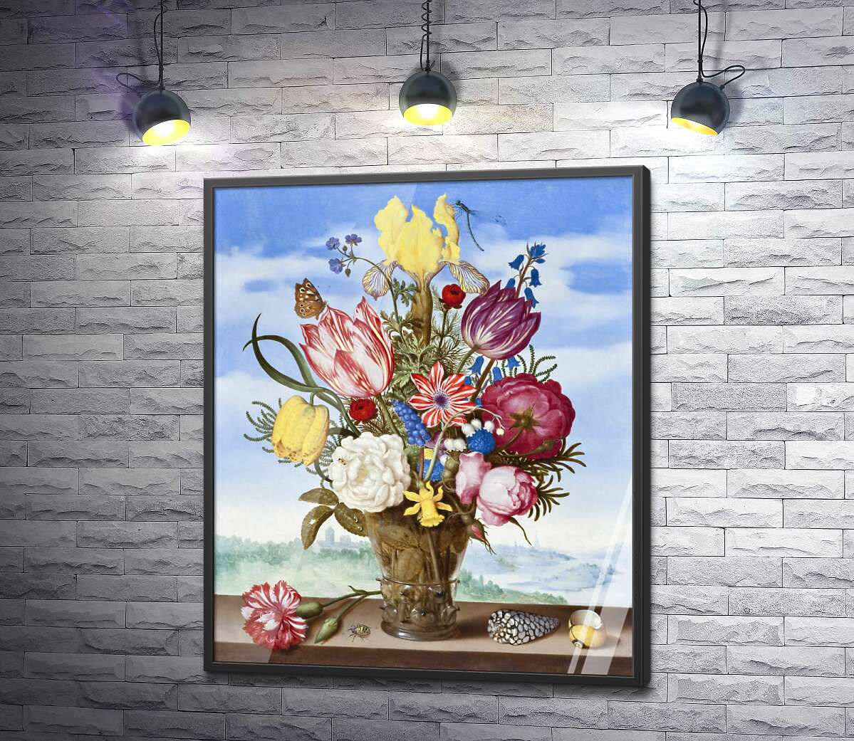 постер Букет цветов на выступе (Bouquet of Flowers on a Ledge) - Амброзиус Босхарт Старший (Ambrosius Bosschaert the Elder)