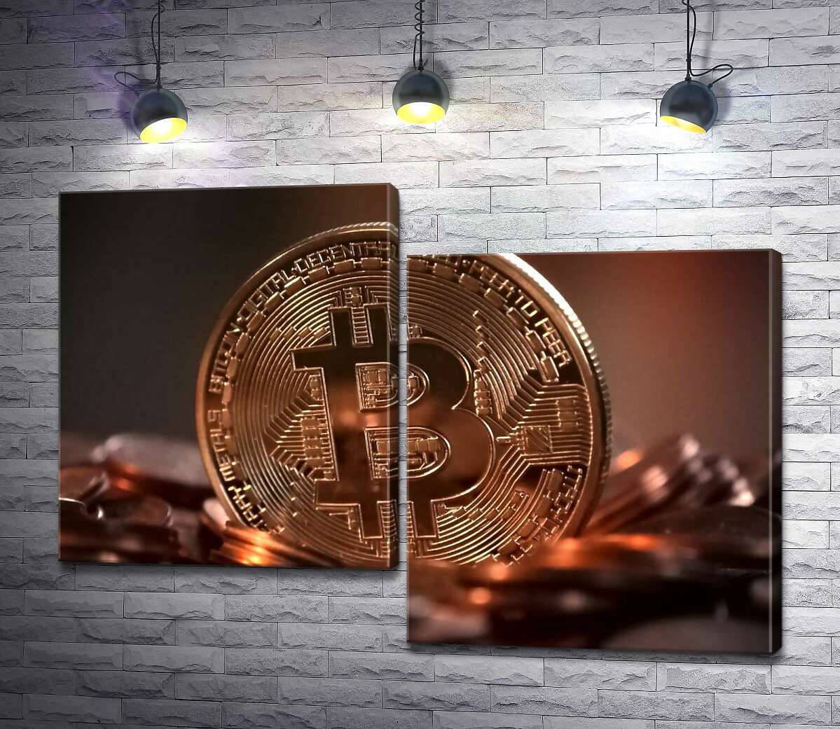 модульная картина Светящаяся поверхность узоров на монете биткоина (Модуль №9)