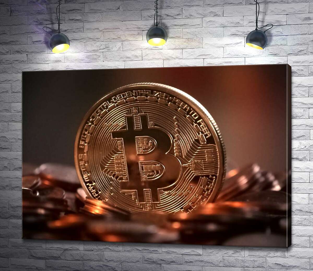 картина Светящаяся поверхность узоров на монете биткоина