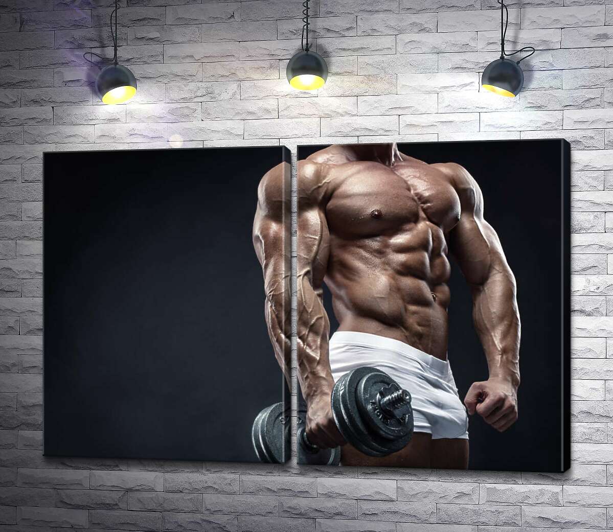 модульная картина Накачанное тело спортсмена с тяжелой гантелей в руке