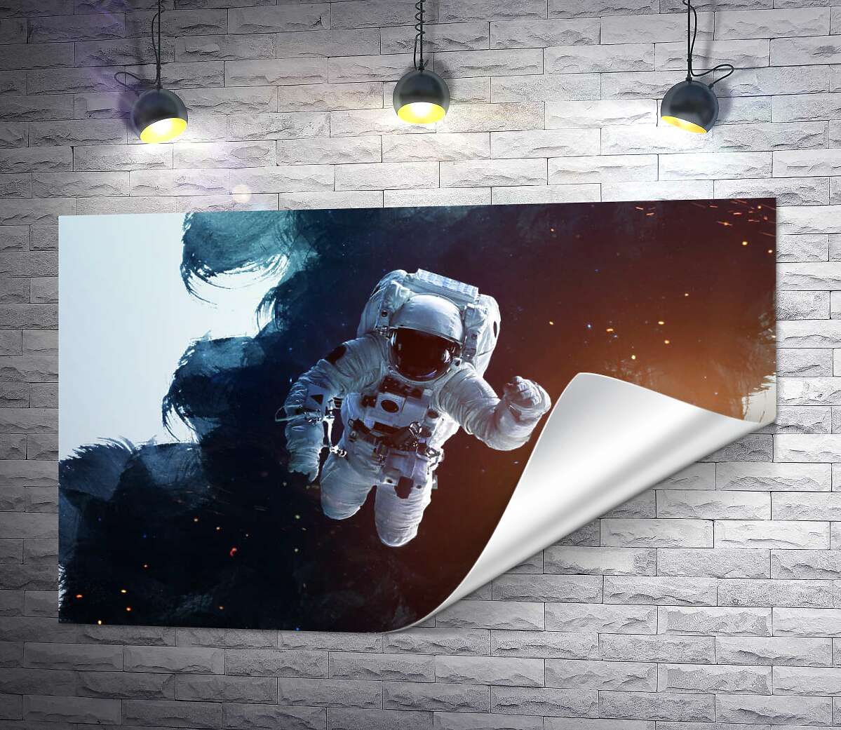 друк Білий скафандр космонавта контрастує з космічним простором