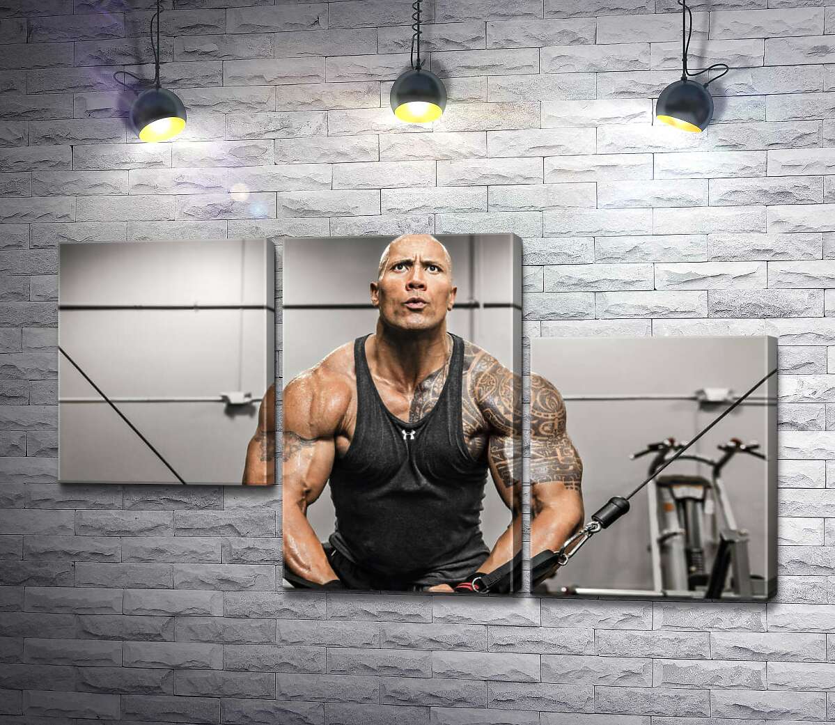 модульная картина Дуэйн Джонсон (Dwayne Johnson) тренирует мышцы рук в спортзале (Модуль №13)