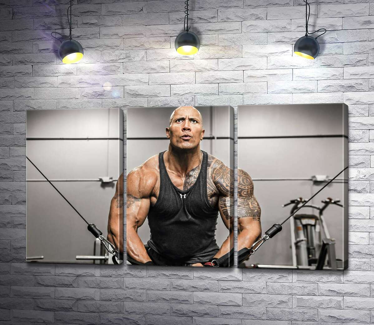модульная картина Дуэйн Джонсон (Dwayne Johnson) тренирует мышцы рук в спортзале