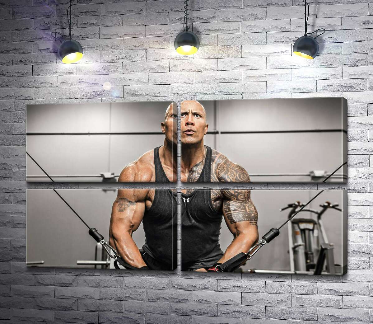 модульная картина Дуэйн Джонсон (Dwayne Johnson) тренирует мышцы рук в спортзале (Модуль №25)