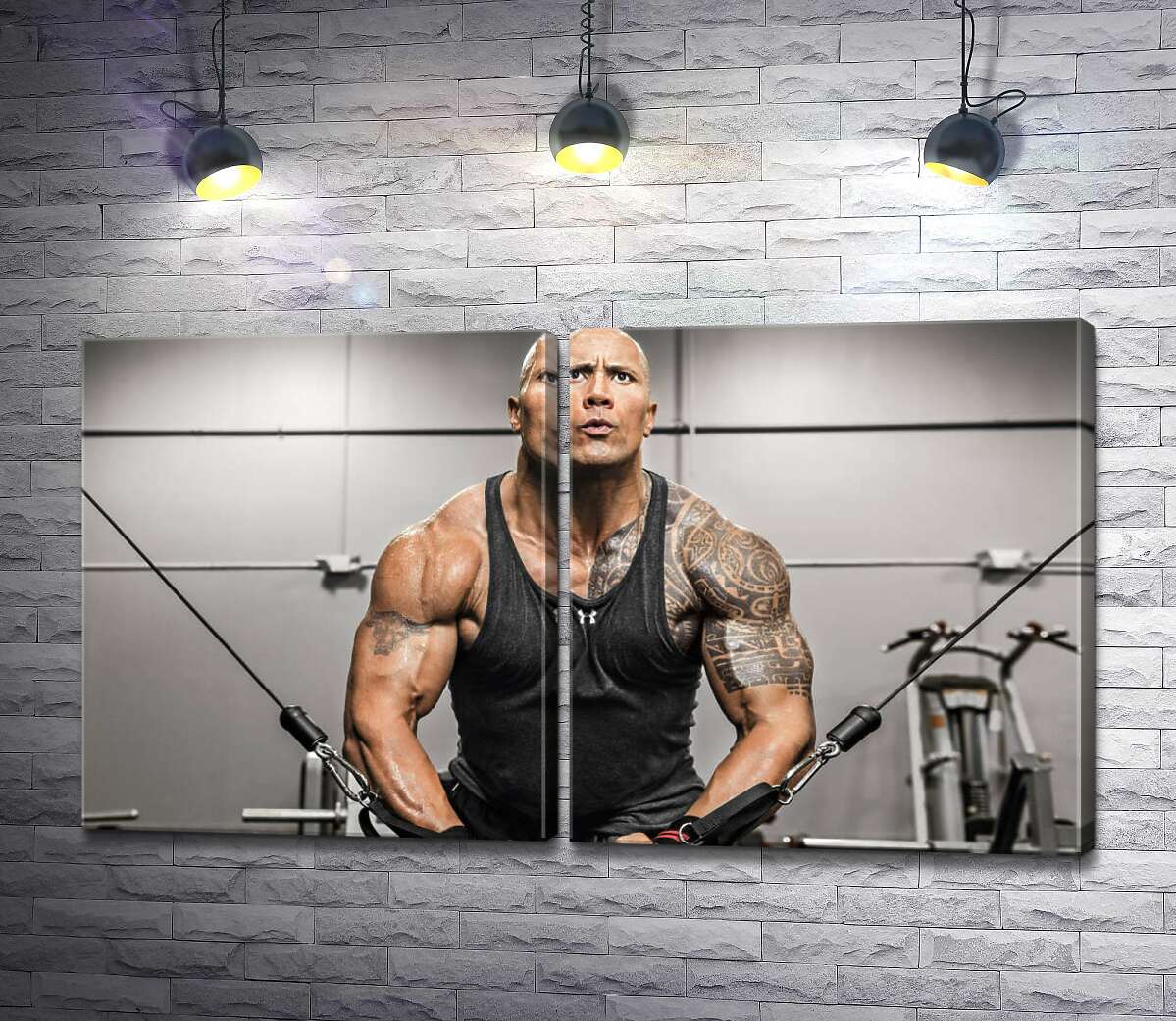 модульная картина Дуэйн Джонсон (Dwayne Johnson) тренирует мышцы рук в спортзале (Модуль №6)