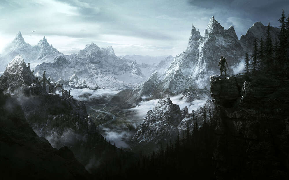 картина-постер Могучий воин смотрит на заснеженную долину