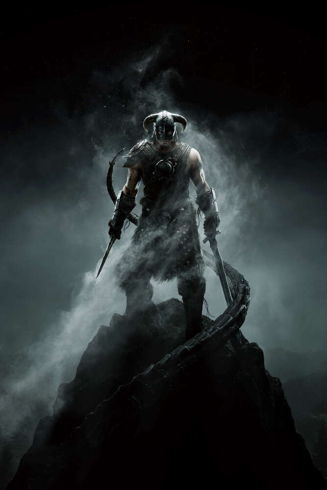 картина-постер Мечі в руках грізного вікінга на постері до гри "The Elder Scrolls V: Skyrim"