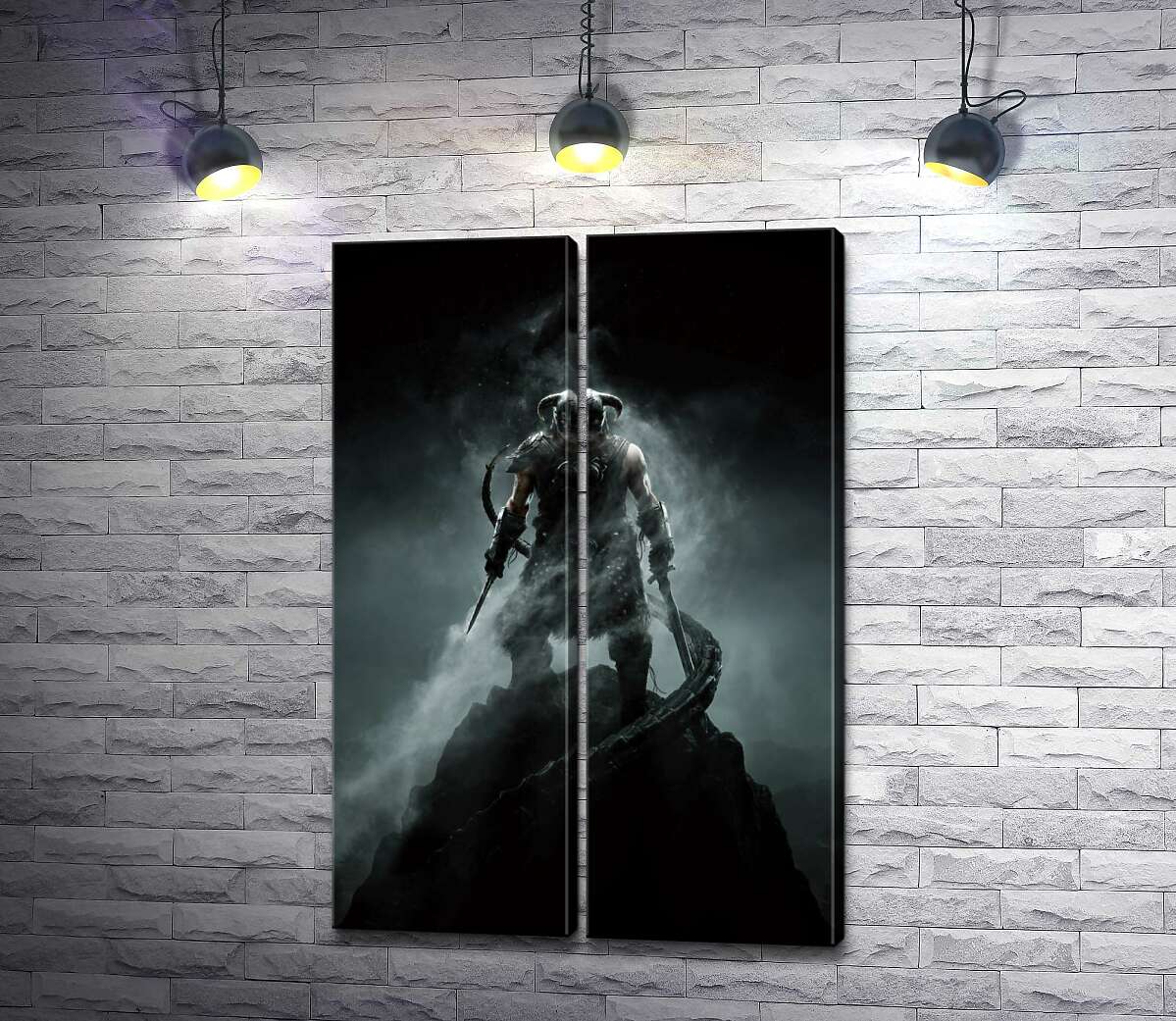 модульная картина Мечи в руках грозного викинга на постере к игре "The Elder Scrolls V: Skyrim"