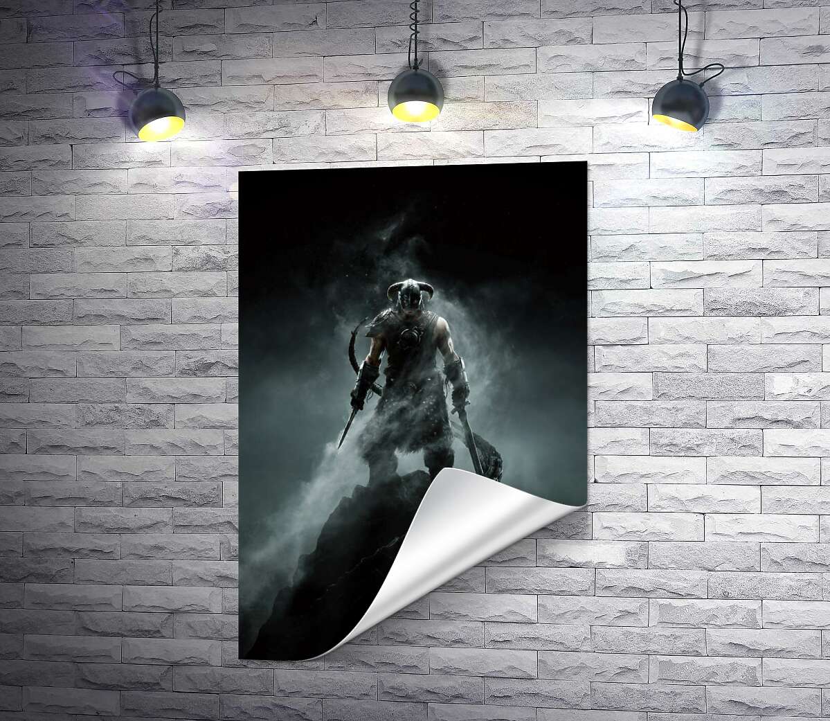друк Мечі в руках грізного вікінга на постері до гри "The Elder Scrolls V: Skyrim"