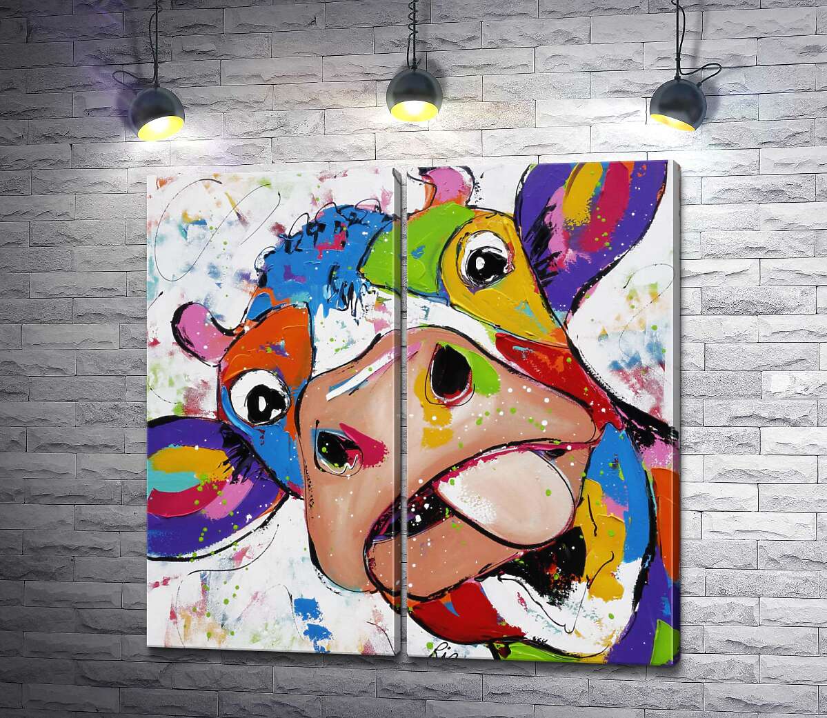 модульная картина Цветная корова показывает язык