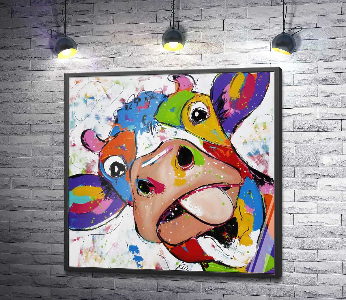 постер Кольорова корова показує язик