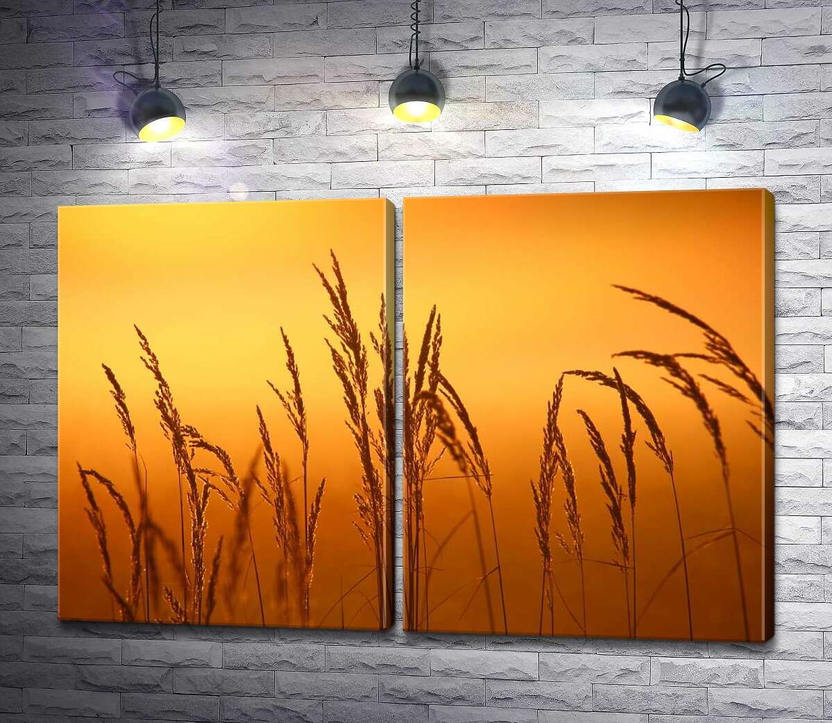 модульная картина Пушистые кисточки травы на фоне золотого неба
