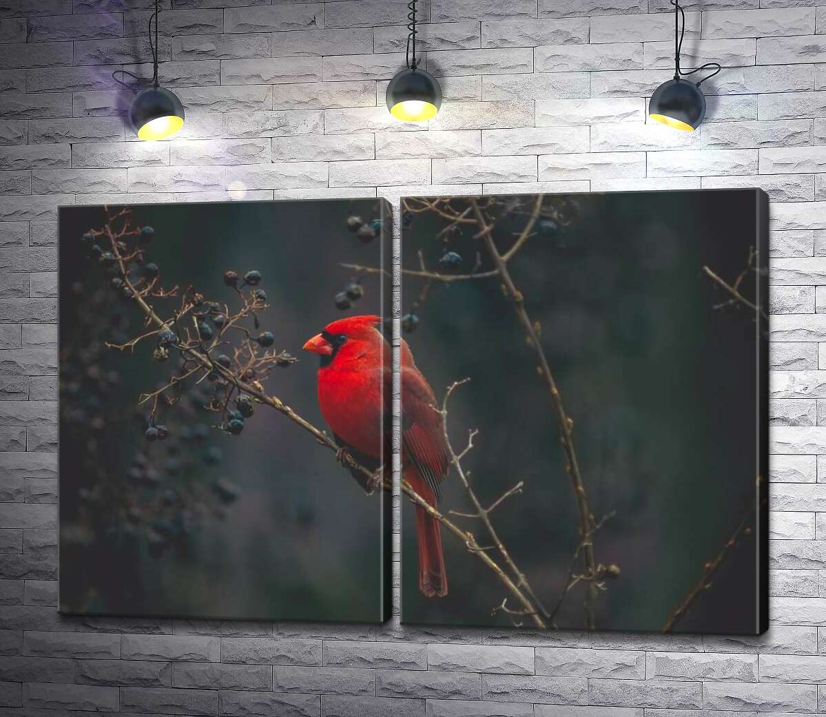 модульная картина Красочная птица красный кардинал сидит на кусте с ягодами