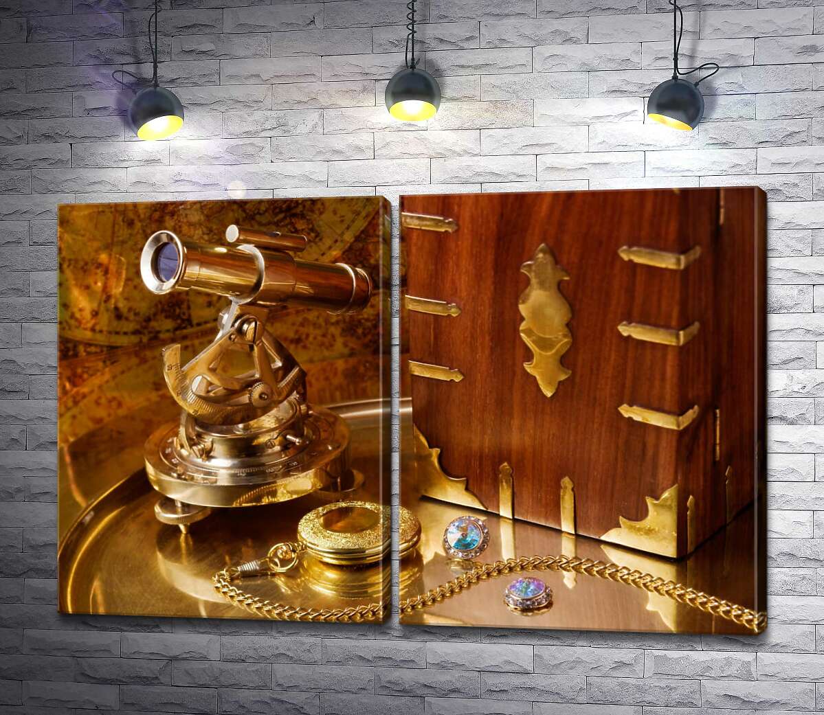 модульная картина Набор антикварных вещей из золота: часы, подзорная труба, шкатулка