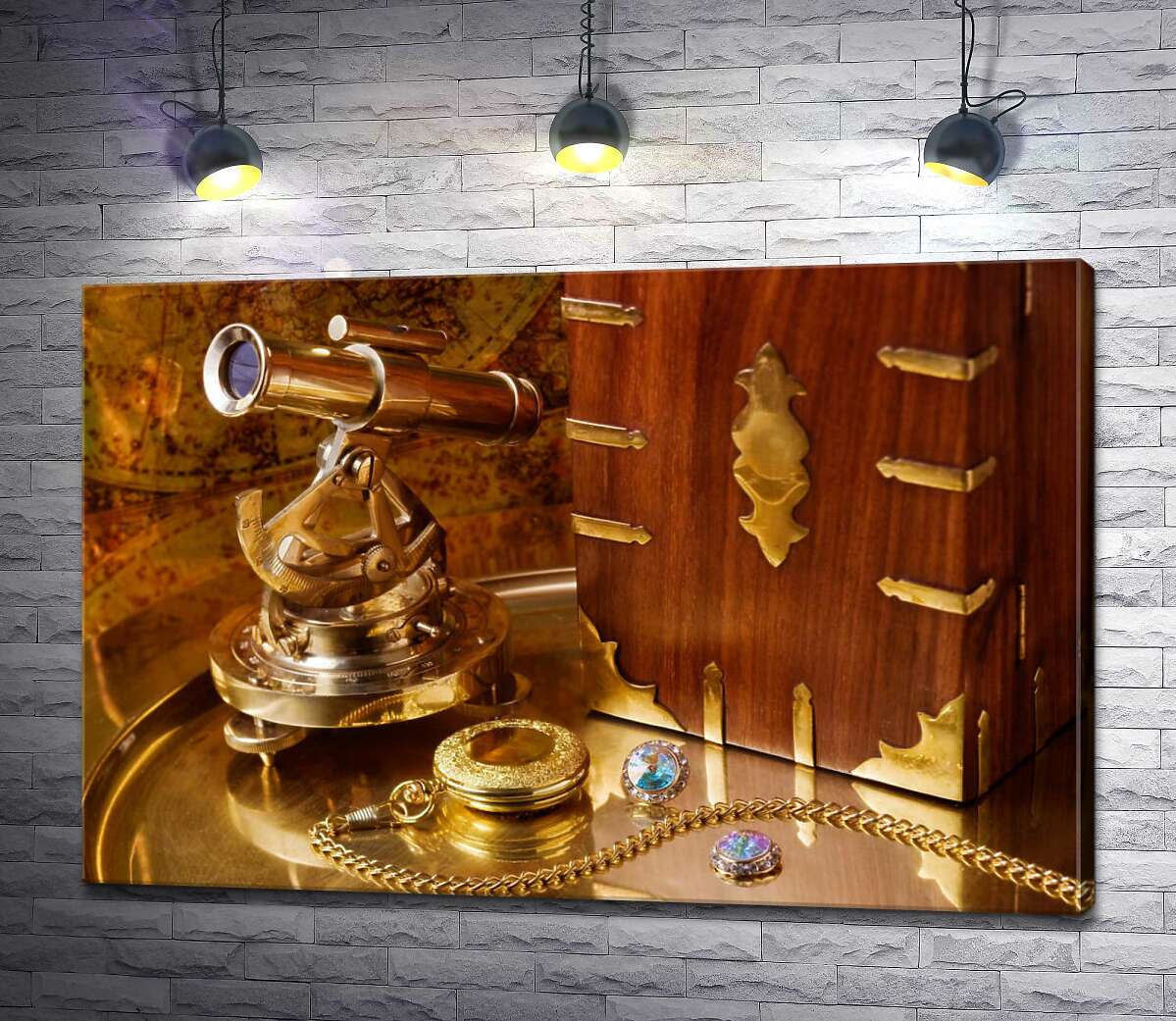 картина Набор антикварных вещей из золота: часы, подзорная труба, шкатулка