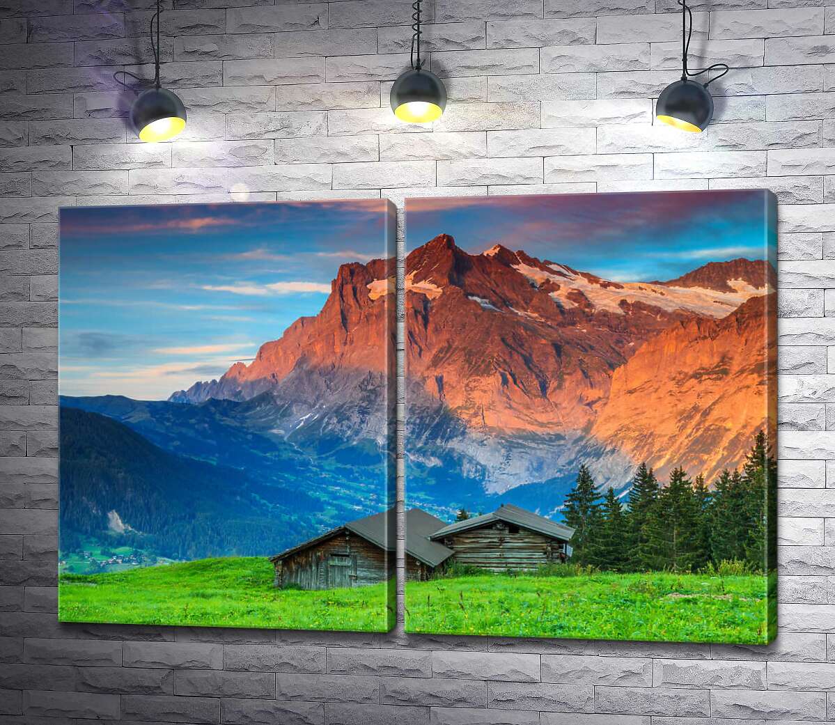 модульная картина Деревянные домики на фоне утренних швейцарских гор