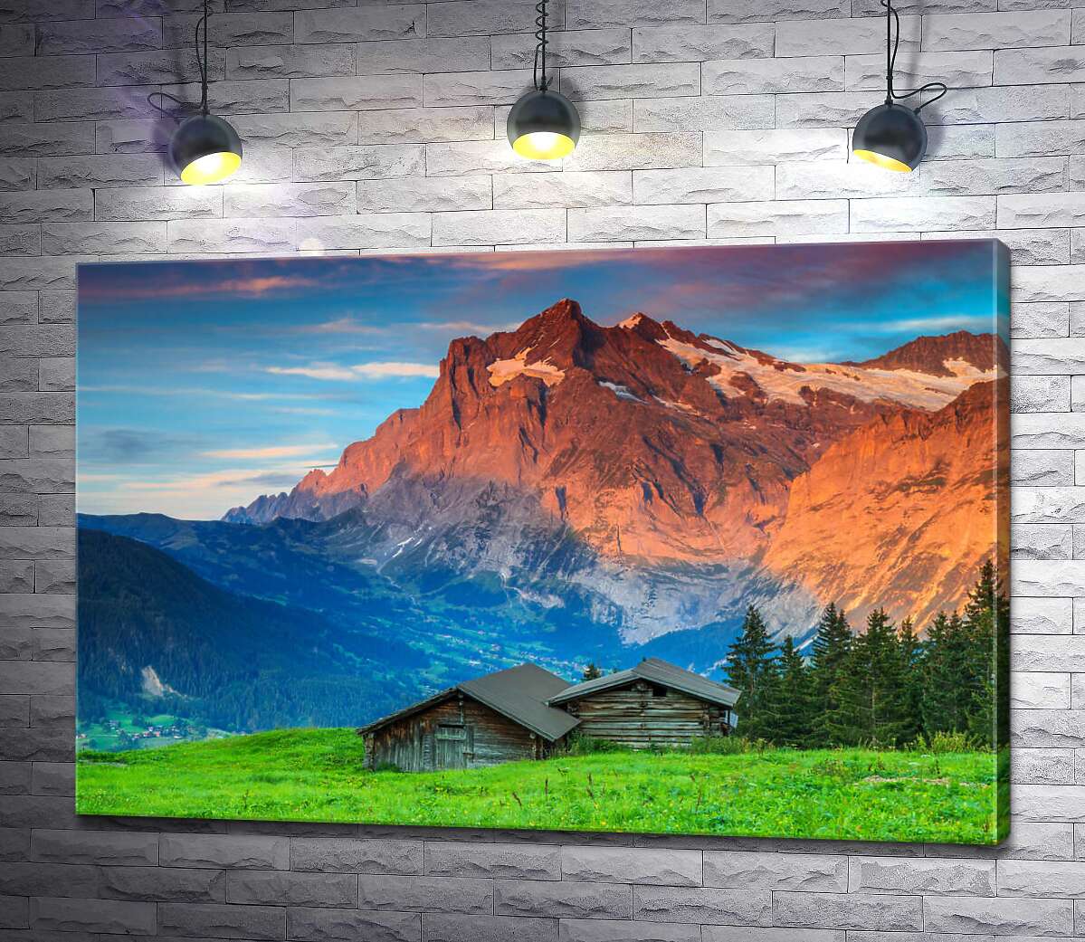 картина Деревянные домики на фоне утренних швейцарских гор